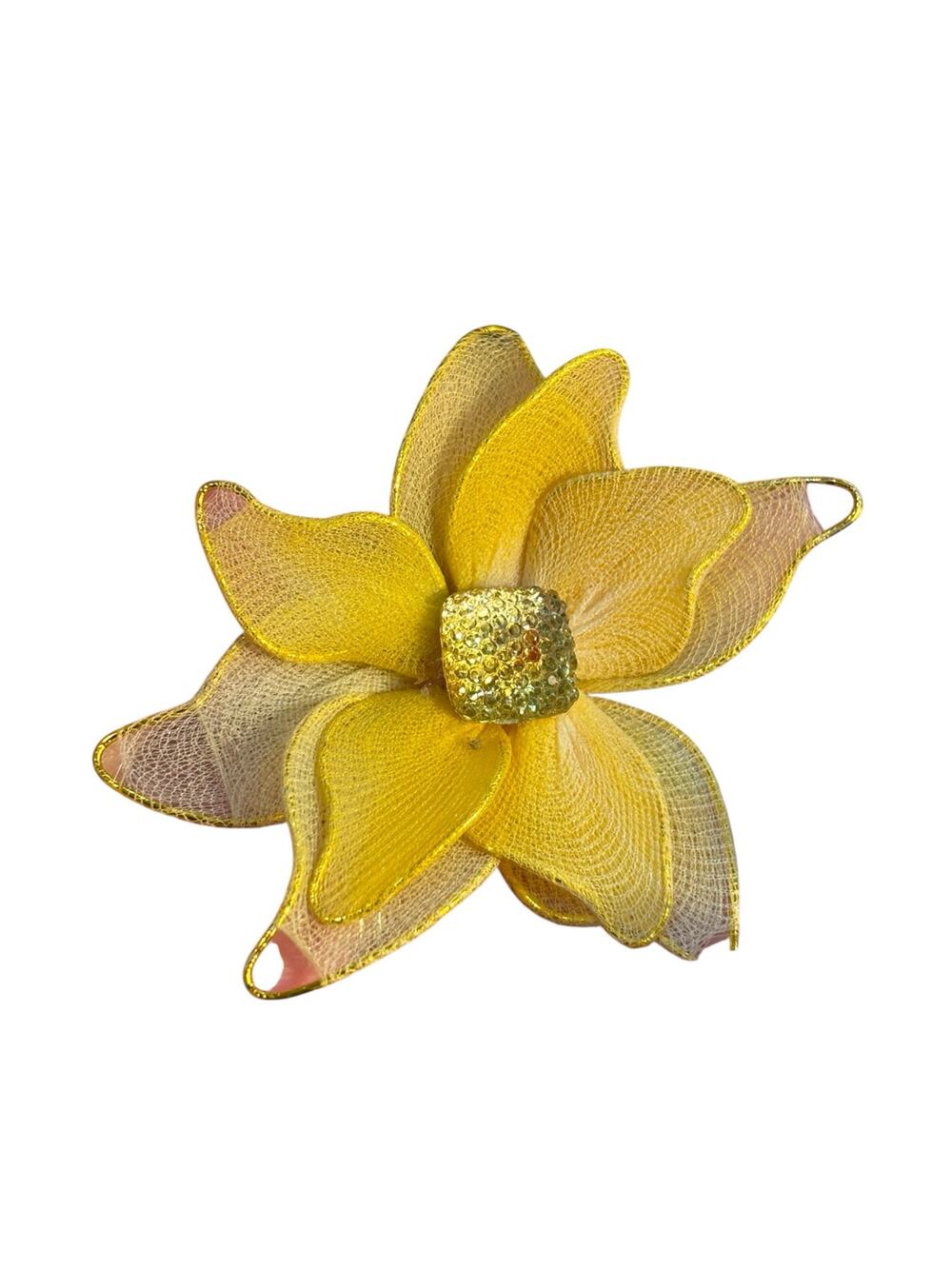 Vintage Yellow Mesh Flower Brooch Pin Rhinestone Center Sheer Petals Floral